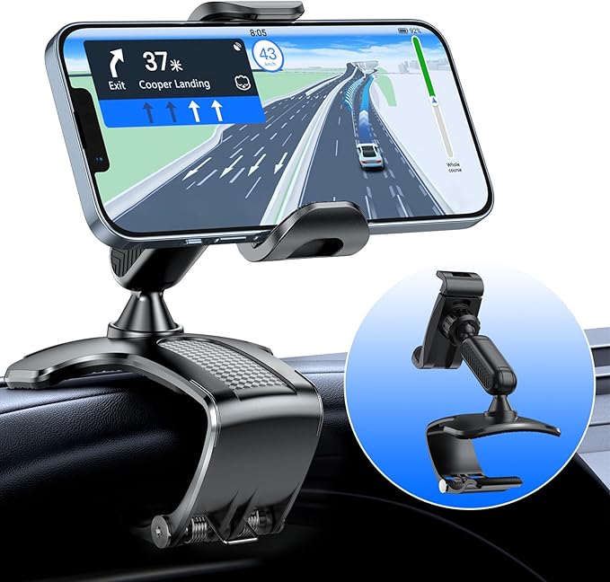 Car Dashboard Phone Clip Holder, 360° Rotating Dash Steering Wheel Cell Phone Clamp Mount Stand Compatible with 4-7 Inch Smartphones (Black)