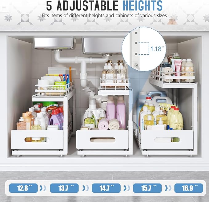 Under Sink Organizer Upgrade To Professional Rails,2-Tier Dual Pull Out Cabinet Storage,Height Adjustable Slide Out Drawers F