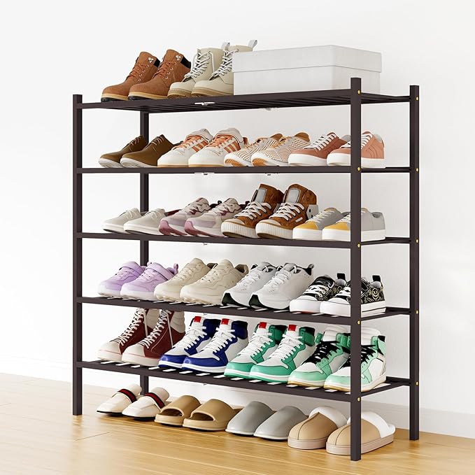 Smiry Shoe Rack, 5 Tier Long Bamboo Shoe Organizer, Stackable Free Standing Wooden Shoe Storage Shelf for Closet, Entryway, F
