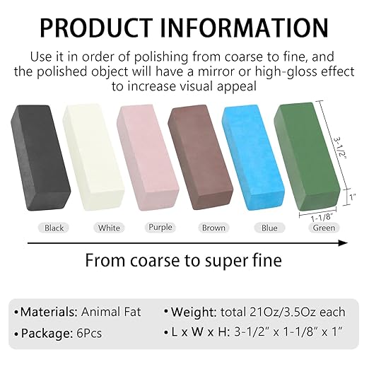 SCOTTCHEN Buffing Polishing Cutting Compounds 21 Oz.Kit-for Stainless Steel Aluminum Jewelry,Black White Purple Brown Blue Green,from Course to Fine - 6 Pcs