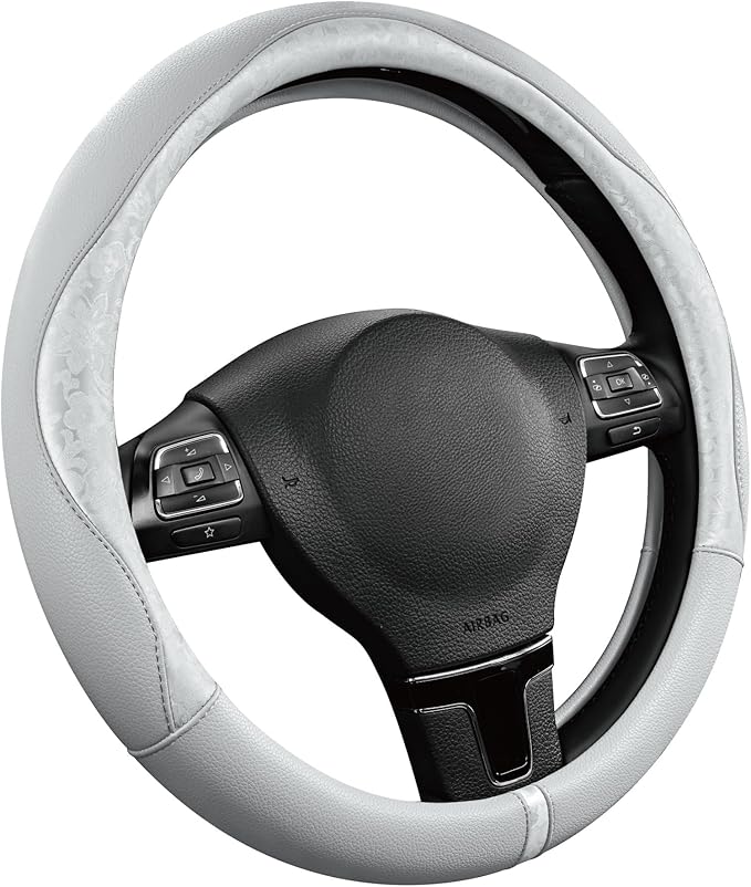 PIC AUTO Steering Wheel Cover, Silver Patterned Leather Patchwork Design, Universal Fit 14.5"–15.5", Anti-Slip, Odor-Free, So