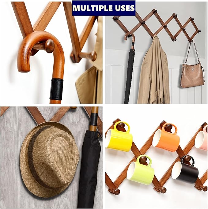 Amber Home Wood Accordion Wall Rack 13 Hooks (Pegs), Expandable Wall Mounted Hanger for Coat, Hat, Scarf, Coffee Mugs, X Shap