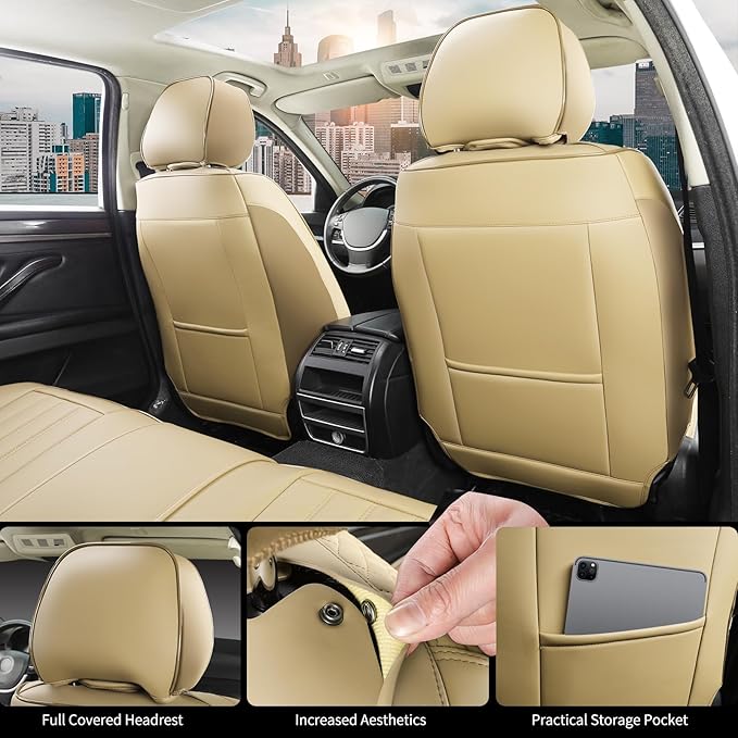Beige Leather Seat Covers, 5 Seats Universal Car Seat Covers Full Set, Waterproof Automotive Seat Covers Breathable Front and