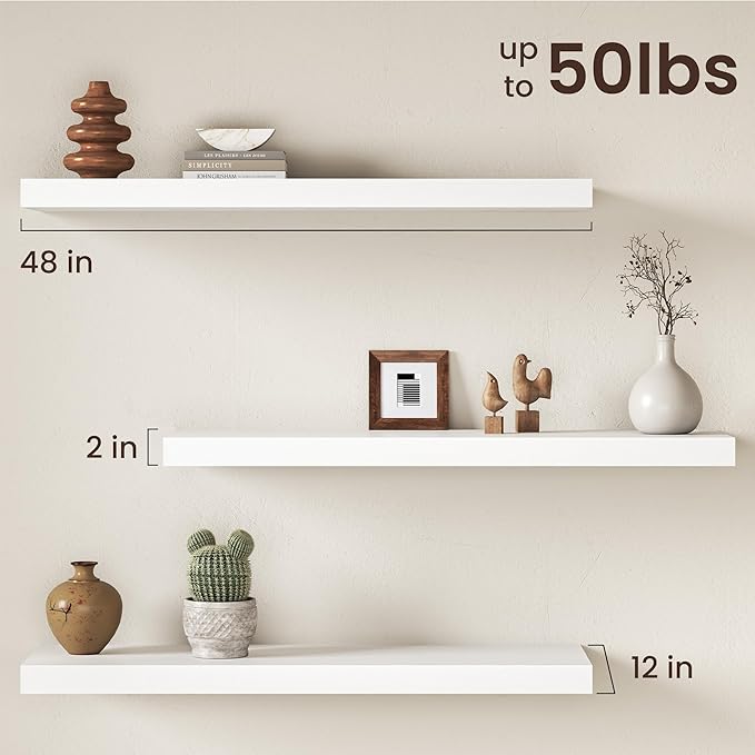 White Floating Shelves 48Inch Long, 12 Inch Deep Floating Shelves for Wall, 48 x 12 Large Floating Shelf for Fireplace Mantel