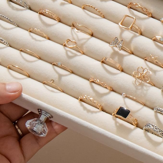 SPAKOWN Ring Box Display Holder, Clear Velvet Jewelry Storage Tray Organizer for Ring Stud Earring (Beige - 5 Drawers)