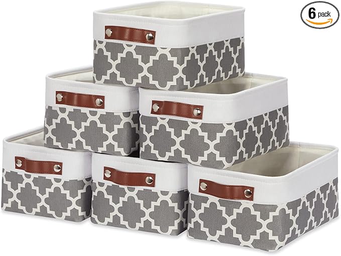 HNZIGE Small Baskets Fabric Storage Baskets(6 Pack) Storage Bins with Leather Handles Empty Gift Basket Decorative Storage Ba