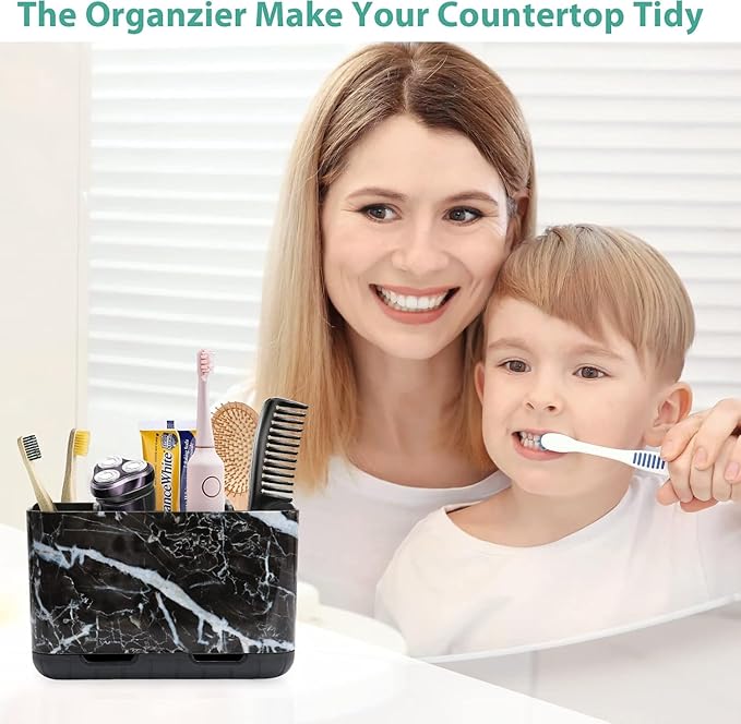 Boperzi Black Toothbrush Holder for Bathroom Toothpaste Organizer Countertop, Detachable Anti-Slip Marble Toothpaste Storage 