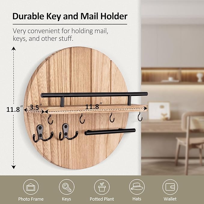Nekon Key Holder Wall Mount, 11.8 Inch Key Rack with Shelf and 6 Key Hooks, Rustic Key and Mail Organizer, Circular Wooden Ke