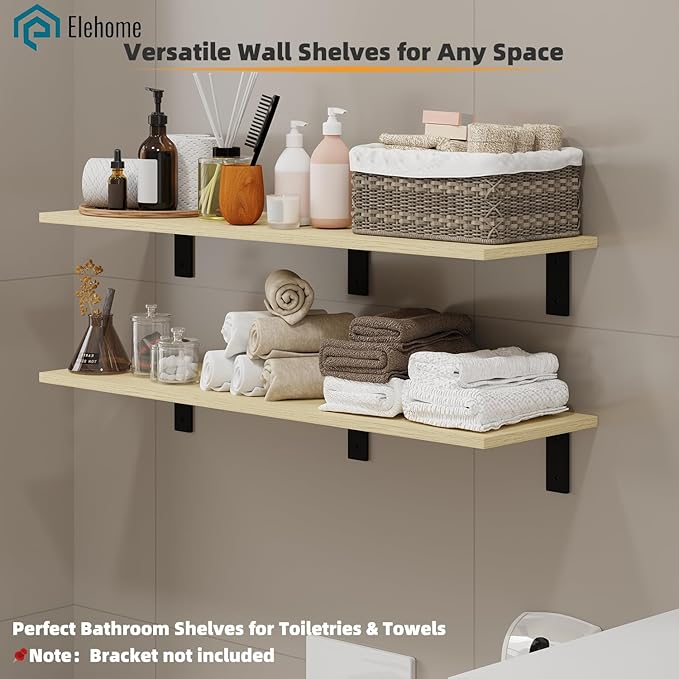 Floating Shelf Board for Wall 5/8" – No Brackets – 36" L x 12" W x 0.6" T Lite Oak Melamine Wood Floating Shelves for Bathroo