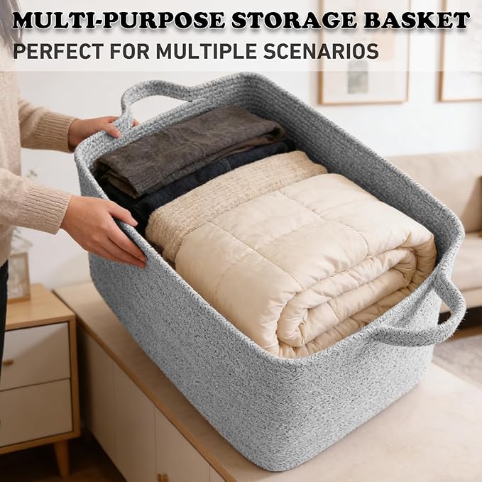 96L Large Blanket Basket,24"x16"x15"Rectangle Storage Bin with Handles,Woven Rope Laundry Basket for Toys, Clothes,Magazines,