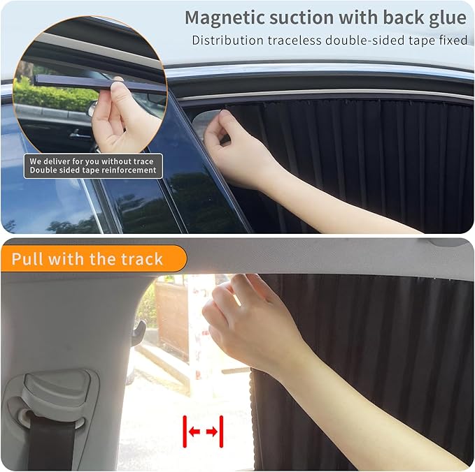4 Pcs Car Side Window Sun Shades - Magnetic Track Blinds Curtains, Summer Sunshade Accessories, Protecting Infant Sleep Privacy (Black)