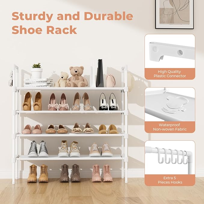 LANTEFUL 4 Tier Shoe Rack for Closet Shoe Organizer with 5 Hooks, Long Shoe Shelf Storage for Shoe and Boot Stackable Free St