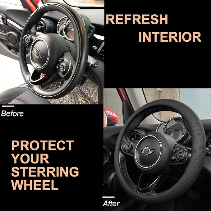 PINCTROT Large Size Nappa Leather Steering Wheel Cover, Slim Fit No Bulk Design, One Piece Leather with Breathable Perforatio