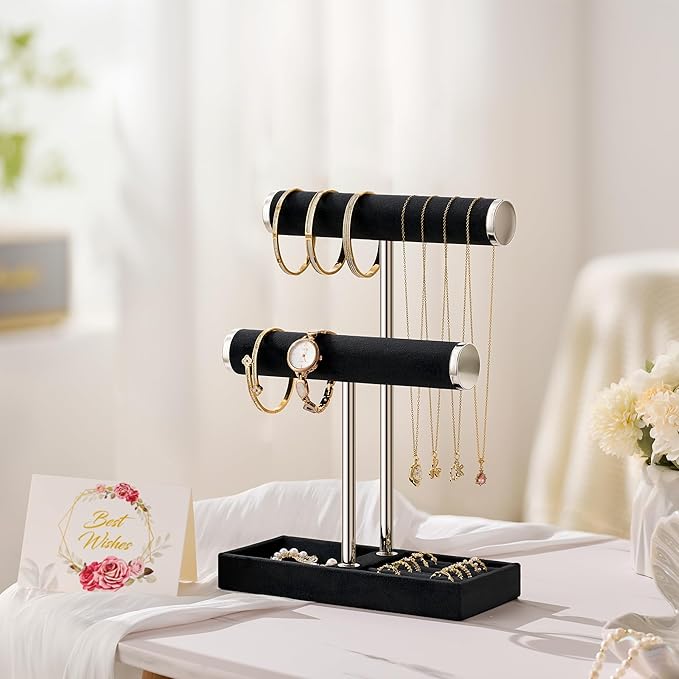 bussdis 2 Tier Bracelet Holder Display - Detachable T Bar Black and Silver Velvet Bracelet Holder, Jewelry Holder Organizer f