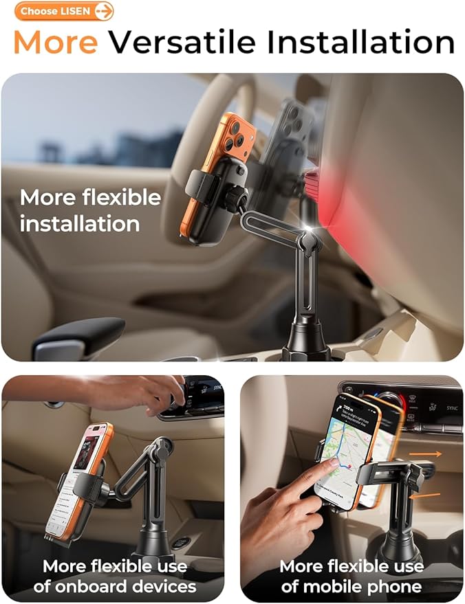 LISEN Upgraded Version Cup Holder Phone Holder 360° Adjustable Long Neck Car Phone Mount Golf Cart Phone Holder, Truck Jeep Accessories for iPhone 17 Air Pro Samsung Google and All 4-7'' Phone