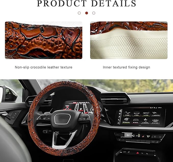 Sun Walker Leather Car Steering Wheel Cover, 15" Anti-Slip Crocodile Pattern Wheel Protector with Rose Grain, Comfortable Gri