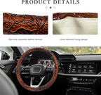 Sun Walker Leather Car Steering Wheel Cover, 15" Anti-Slip Crocodile Pattern Wheel Protector with Rose Grain, Comfortable Gri