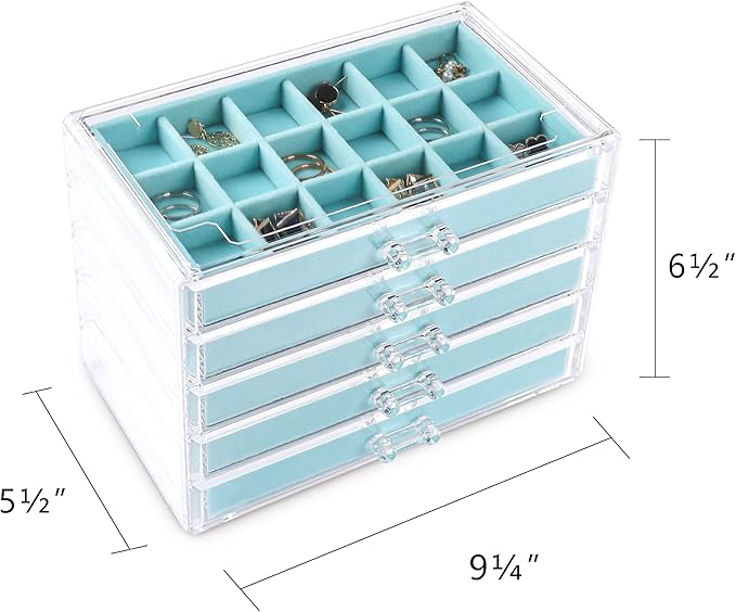 Frebeauty Acrylic Jewelry Organizer Earring Organizer Box with 5 Drawers Earring Holder Organizer with Velvet Trays Clear Jew