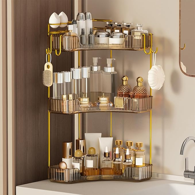 3-Tier Corner Bathroom Counter Organizer，Makeup & Skincare Shelf with Built-in Brush Holder，Space-Saving Bathroom Countertop 