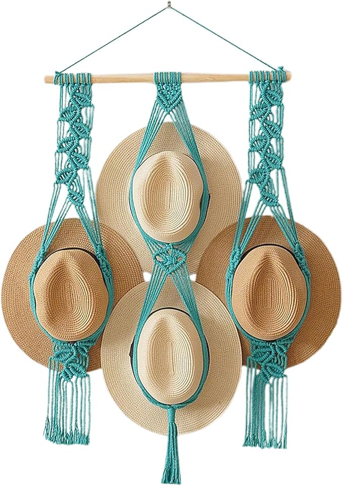 Tissting Macrame Hat Hangers Boho Hat Rack for Wall Hat Holder Display Organizer Bobo Hanging Hat Organizer Storage for Wide 