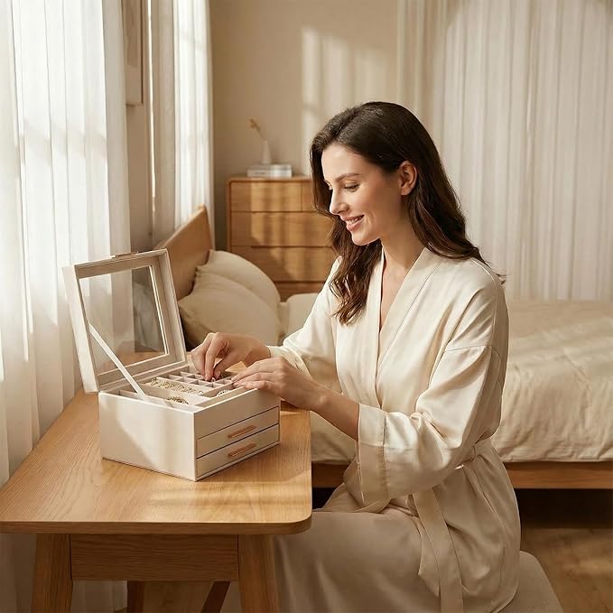 Jewelry Box Organizer with Glass Lid, 3-Layer with Double Drawers, Luxury Velvet Lined Desktop Display Case for Earrings Ring