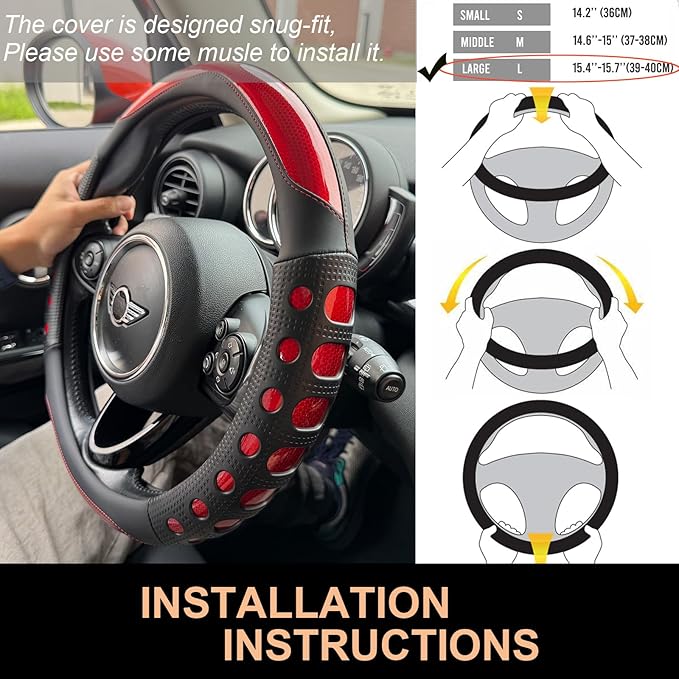 PINCTROT Large Size Race Grip Steering Wheel Cover, Anti-Slip Silicone Perforated Design with Soft Touch Padding, Enhanced Grip for Sporty Driving 15.5-15.75 Inch (Racing Red)