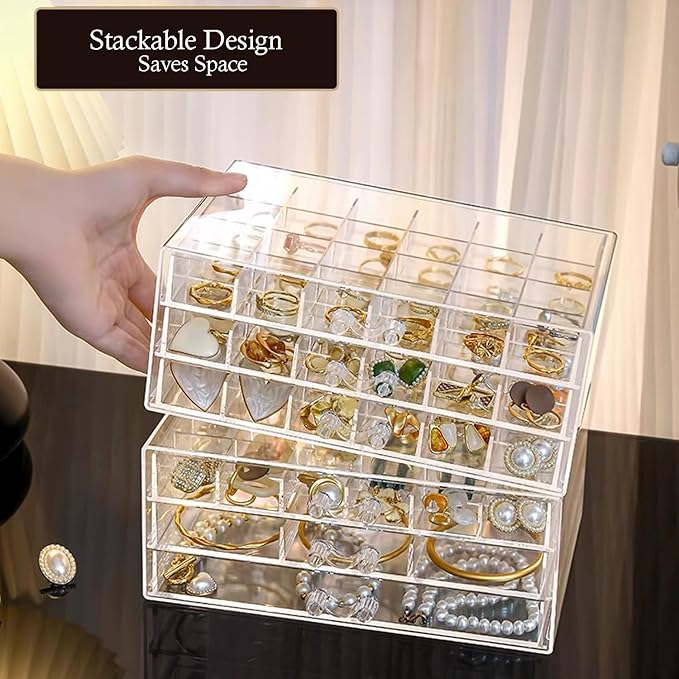 SPAKOWN Earring Organizer, Acrylic Jewelry Holder Organizer with 5 Drawers Stackable Earring Storage Case Jewelry Boxes for W