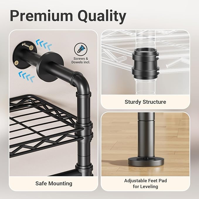 Timate F4 Wall Mounted Clothes Rack Industrial Pipe Clothing Rack for Hanging Clothes, Expandable Garment Rack Heavy Duty War