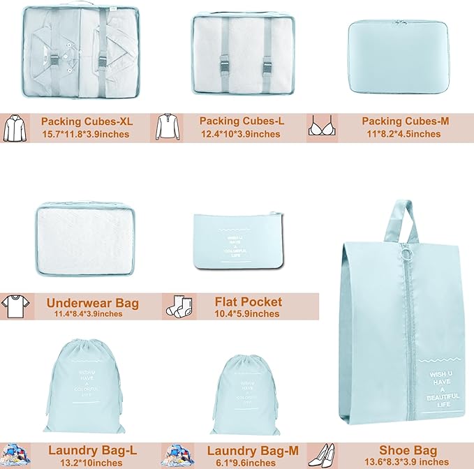 Packing Cubes for Travel - 8 Set Luggage Organizer Bags for Family, Mesh Breathable Travel Essentials Bags Set Durable Travel