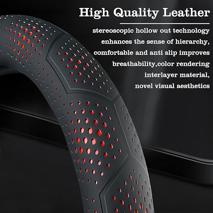 Car Leather Steering Wheel Cover - Panapi Material, Universal 14.5-15 Inch Leather Anti-Slip Breathable Auto Steering Wheel C
