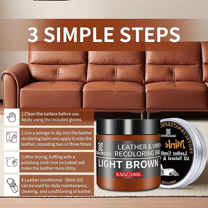 SHADAIWUYU 8.5oz Leather Recoloring Balm with 100ml Mink Oil,Light Brown Leather Repair kit for Furniture and Car Interior,Le