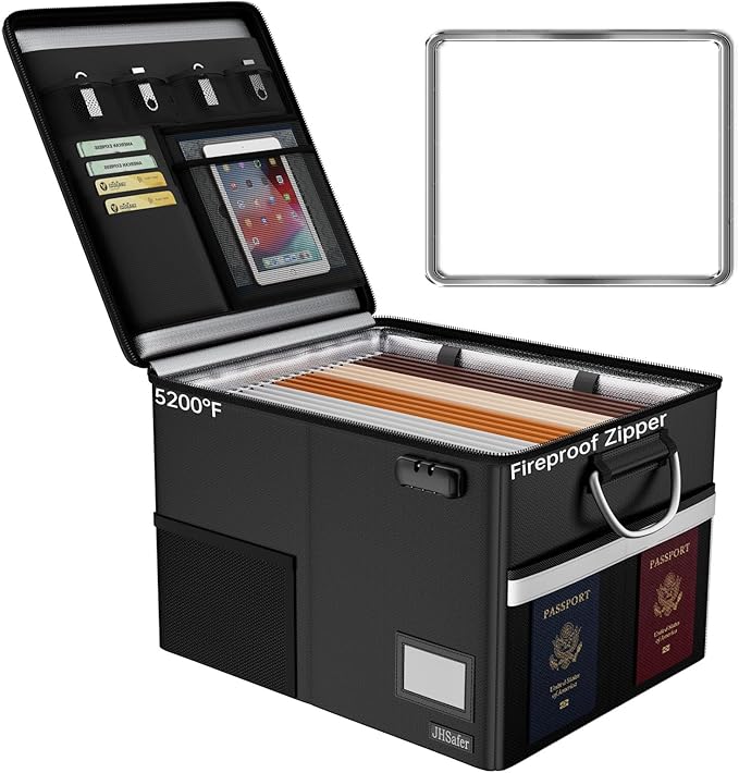 5200℉ Fireproof Document Box with Lock, Waterproof File Organizer with Handle, Portable Collapsible Filing Cabinet with Refle