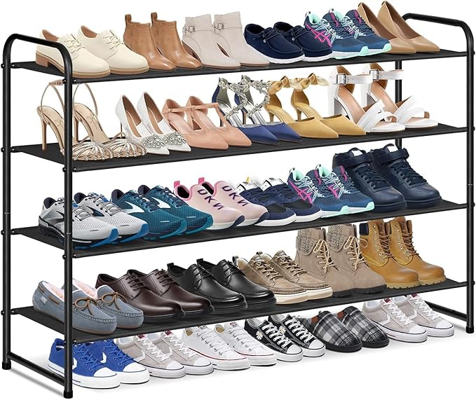 KIMBORA 4 Tier Long Shoe Rack for Closet Floor, Wide Shoe Shelf Storage Organizer 30-Pairs Stackable Sneaker Organizer for Cl