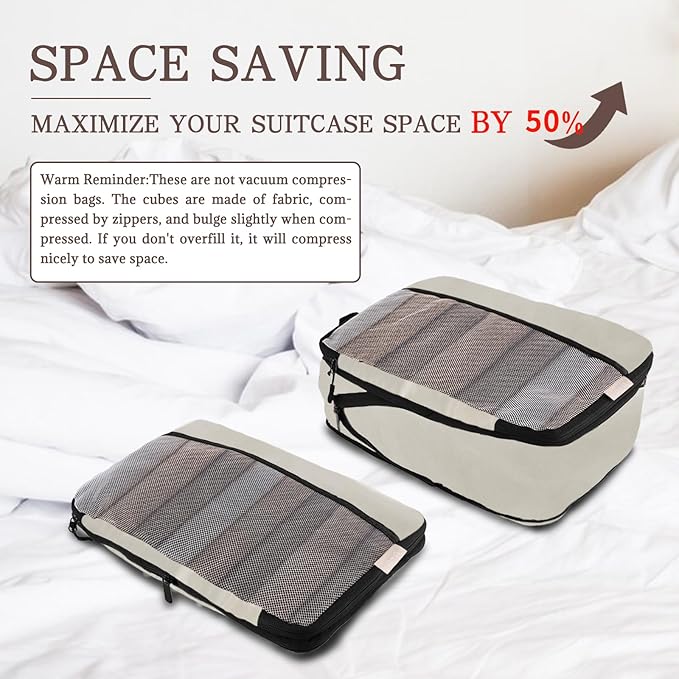 U+U 4 Set Compression Packing Cubes - Ultralight Cream Travel Organizers, Space-Saving Suitcase Organizer, Expandable Packing