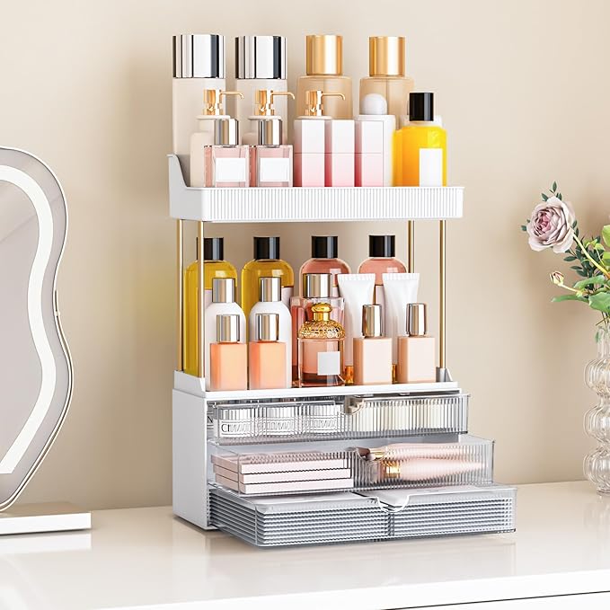 caktraie 2 Pack Bathroom Counter Organizer - 3 Drawers Makeup Organizer, Cosmetic Storage Drawer for Dresser Countertop and B