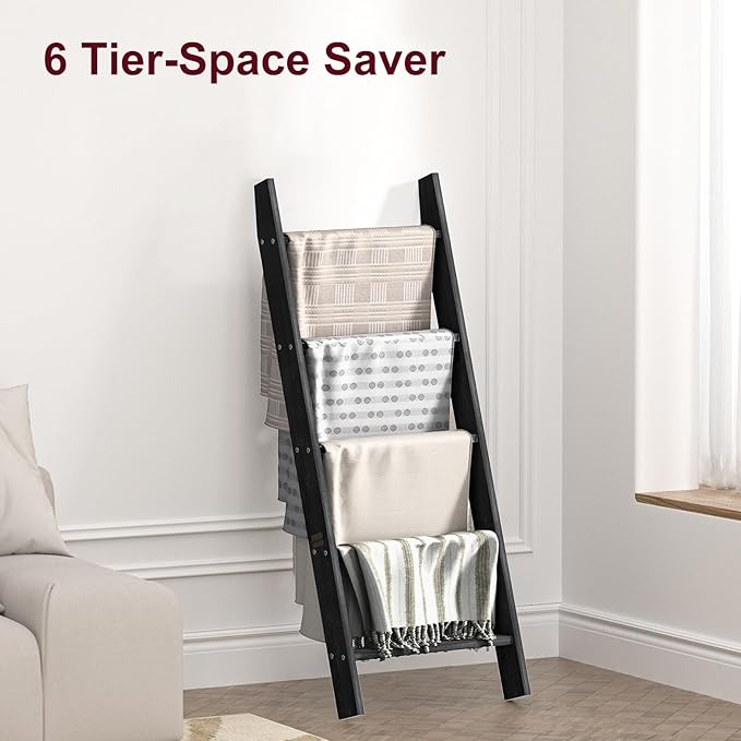 HONEST OUTFITTERS Blanket Ladders for The Living Room, 5-Tier Blanket Holder, Wall-Leaning Blanket Rack, Ladder Shelves, Wood