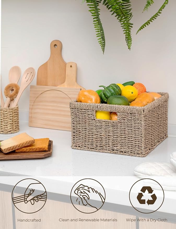 StorageWorks Wicker Storage Baskets, Handwoven Seagrass Basket for Organizing, Decorative Wicker Baskets with Built-in Handle