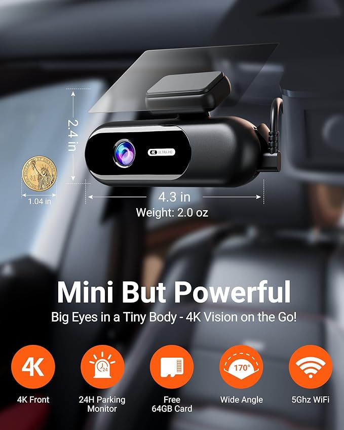4K Dash Cam Front,Built-in 5G WiFi,64GB Card Included, Dash Camera for Cars, Mini 1.5" IPS Screen Dashcam with App Control,Su