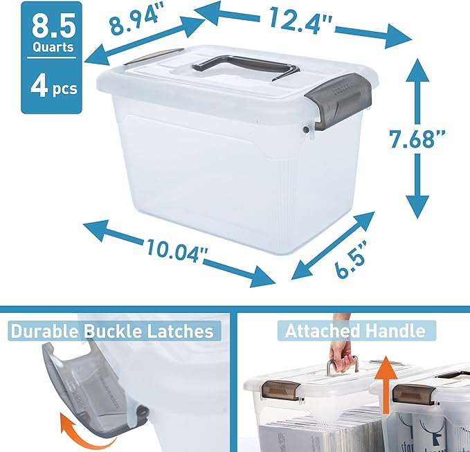 Citylife 4 Packs 8.5 QT Storage Bins with Lids Clear Plastic Bins with Grey Handle Stackable Storage Containers for Organizin