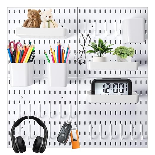 Wall Mount Peg Board Organizer 45pcs Kit, 4 Panels and 41 Accessories Pegboard Wall Organizer with Hooks, Bins, Shelves, DIY 
