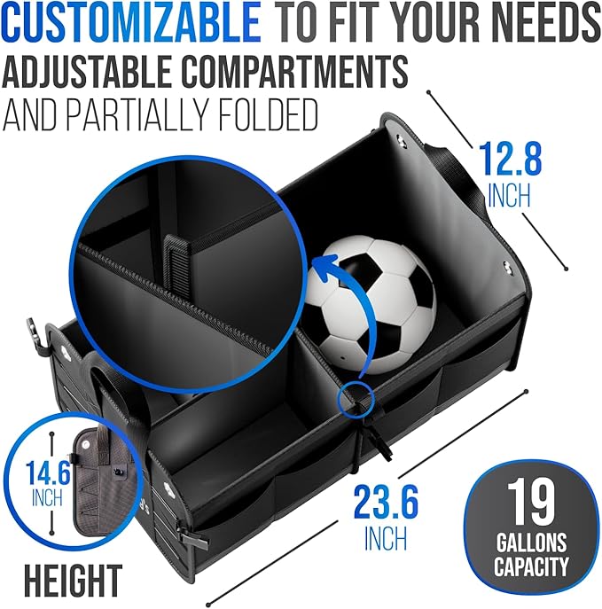 Car Trunk Organizer - Large Collapsible Storage Box with Adjustable Compartments - Heavy-Duty Cargo Organizer for SUV, Truck &