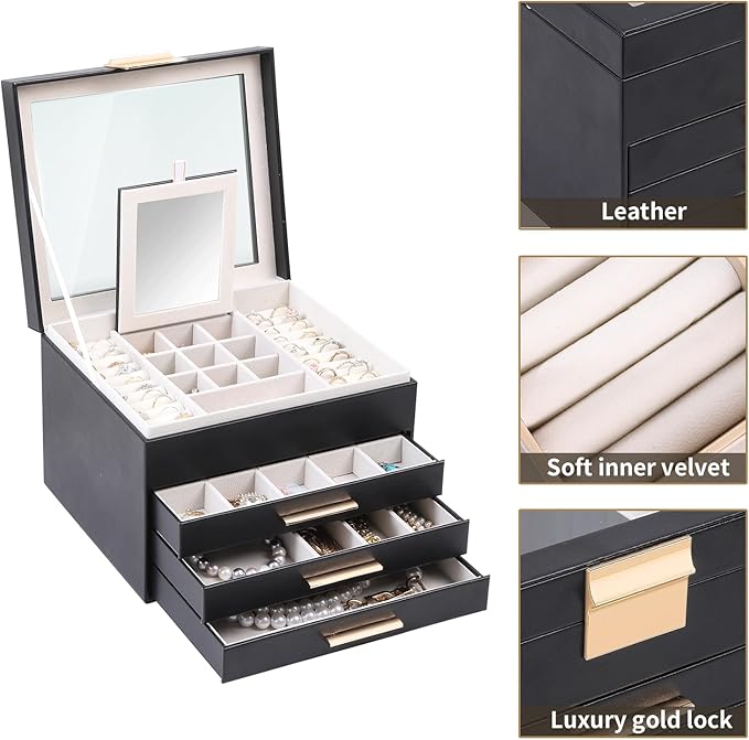 BOOVO Clear Lid Jewelry Box,4 Layers Jewelry Organizer Large Jewelry Storage Box with 3 Drawers,Jewelry Holder Organzier of R