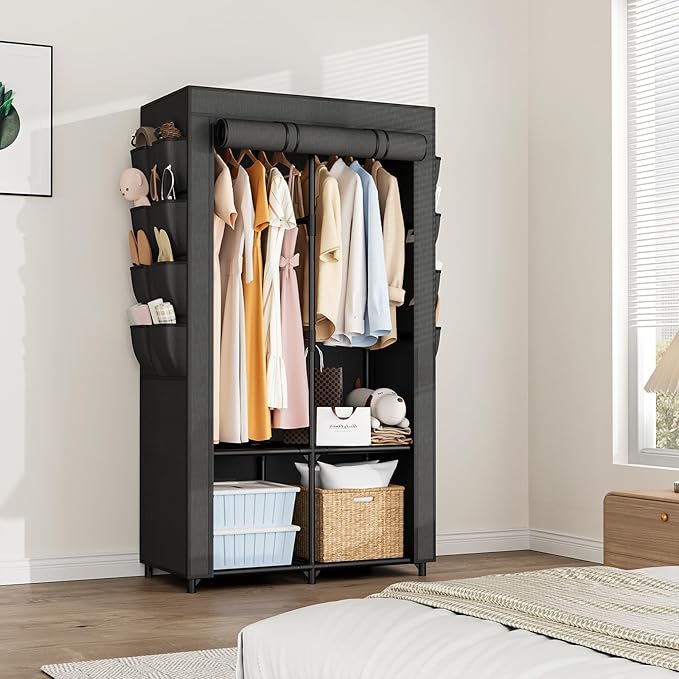Portable Closet for Hanging Clothes, Portable Wardrobe Closet with Cover, 4 Storage Shelves, 2 Hanging Rods and 8 Side Pocket