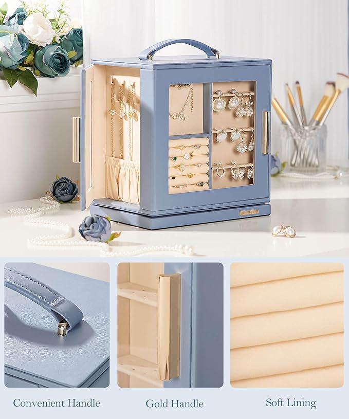Homde Jewelry Box 360° Rotating, Necklace Earring Organizer with Transparent Window, Mirror, 7 Drawers, Large Ring Display St