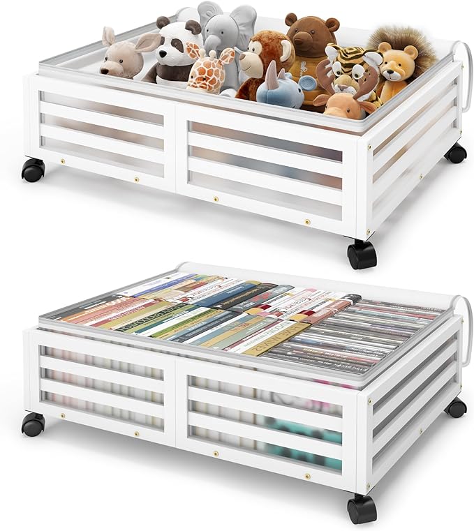 Under Bed Storage Containers With Wheels - 2 Pcs Bamboo Wood Rolling Underbed Shoe Storage Bins With Dust Bags for Clothes Bl