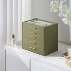 Jewelry Box Organizer Case for Women: 5-Layer Jewelry Storage Case with Glass Window, Olive Green Leather with Cream Velvet, 