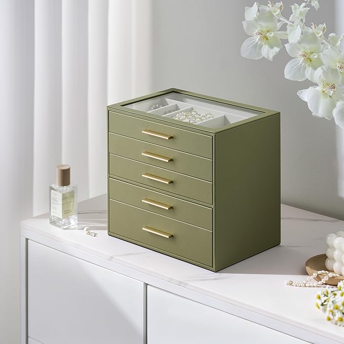 Jewelry Box Organizer Case for Women: 5-Layer Jewelry Storage Case with Glass Window, Olive Green Leather with Cream Velvet, 