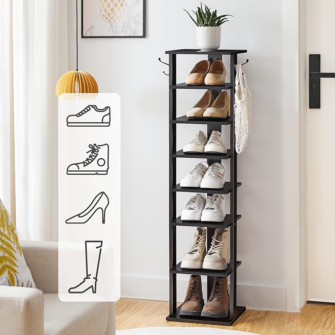 HOOBRO 8 Tiers Vertical Shoe Rack, Wooden Shoe Storage Organizer with Hooks, Narrow Shoe Tower for 8 Pairs, Space Saving, for