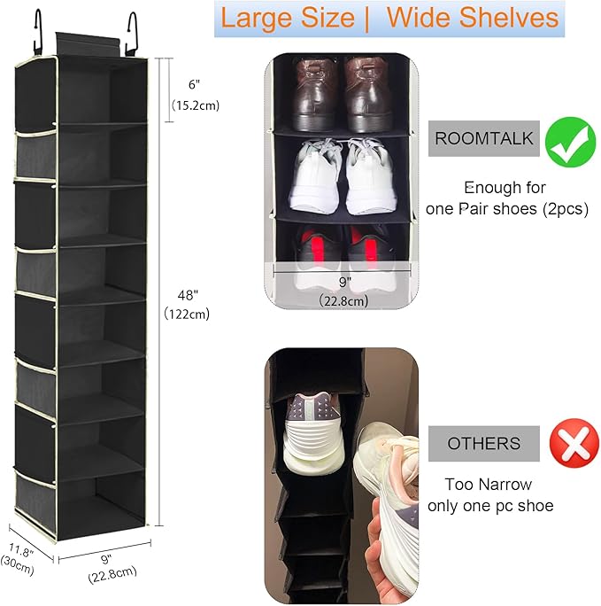 Large-Sized Hanging Shoe Organizer 8-Shelf, Hanging Closet Organizer with 8 Side Pockets, Wider Hanging Shelves for Storage S