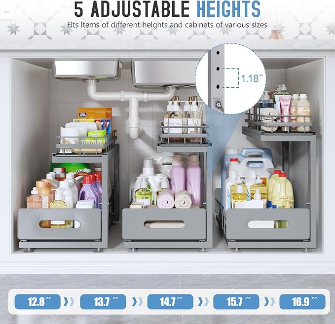Under Sink Organizer Upgrade To Professional Rails,2-Tier Dual Pull Out Cabinet Storage,Height Adjustable Slide Out Drawers F